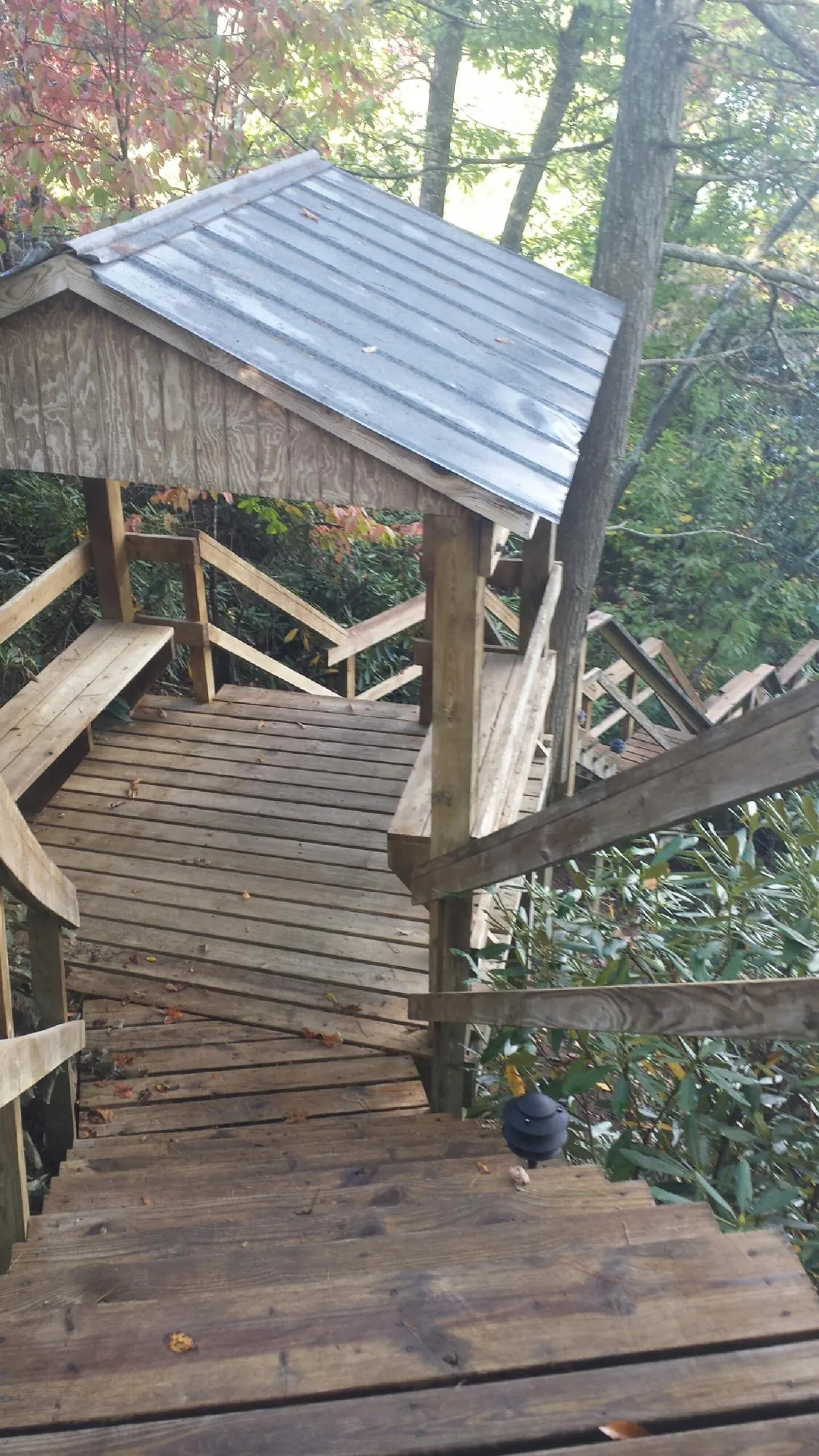 Metal roofed shelter over wooden steps on a wooded walkway — Skylight Repair & Installation work by our crew in Delphi